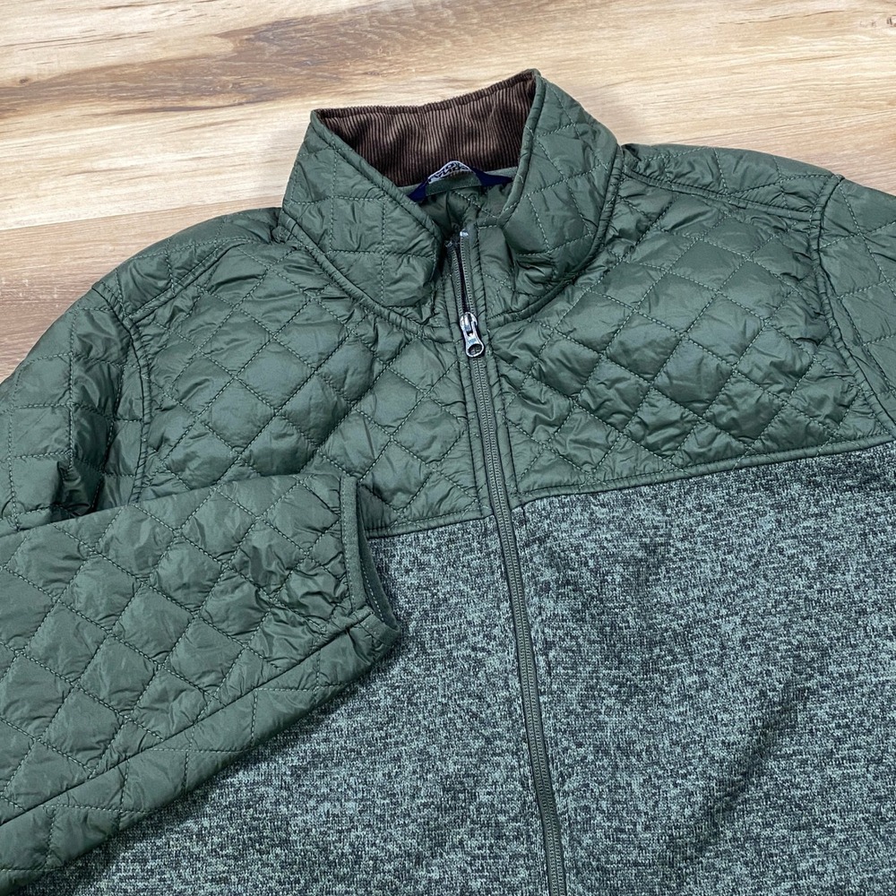 Lands End Full Zip Jacket Mens XL Heritage Quilted Mixed Media Green Outdoor